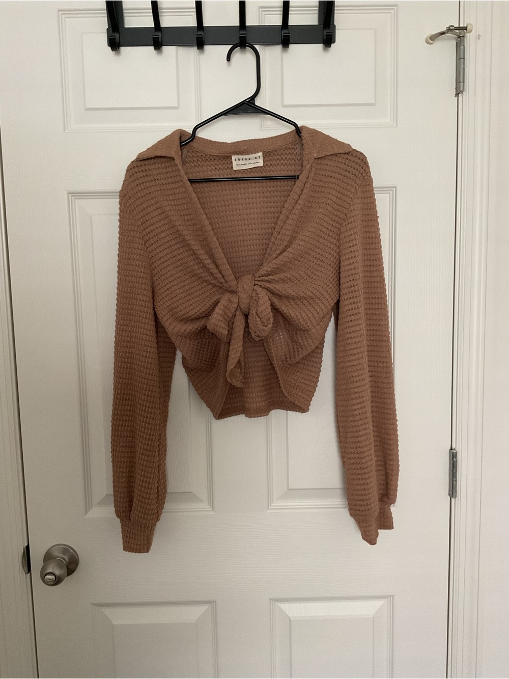 Waffle-Knit Tie-Front Crop Top in Camel